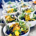 circa events sharing salads to go with bbq menu and sharing menu, in a white bowl with edible flowers