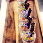 circa events canapes smoked salmon tartar shot in shot glass colourful on a wooden board